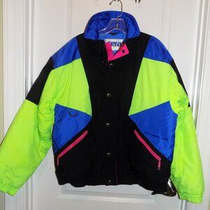 Vintage FERA Skiwear Snowboard Jacket Mens M/L 42 Black Neon Green Blue 80s 90s